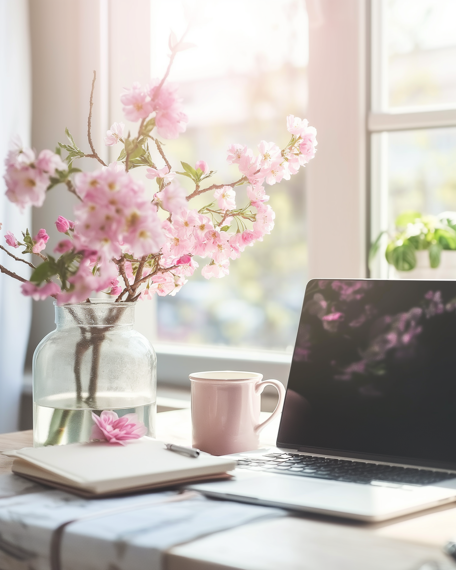 Laptop and flowers workspace